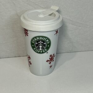 2010 Starbucks Logo Christmas Red Snowflakes Ceramic Tumbler Mug with Lid